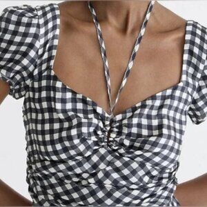 J. Crew Collection tie-neck cap-sleeve maxi dress in gingham Size 8 Black/Ivory